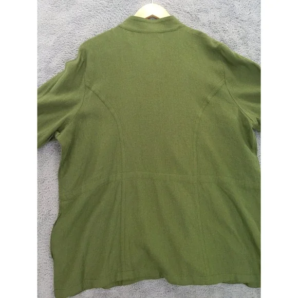 Susan Graver Pure Olive Green Linen Blend Mandarin Collar Button Up Shirt Top XL - Picture 7 of 10